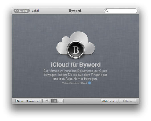 iCloud Dialog beim Öffnen Byword